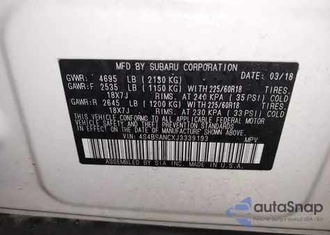 2018 Subaru Outback 2.5I Limited z USA, uszkodzony, nr VIN 4S4BSANCXJ3339193